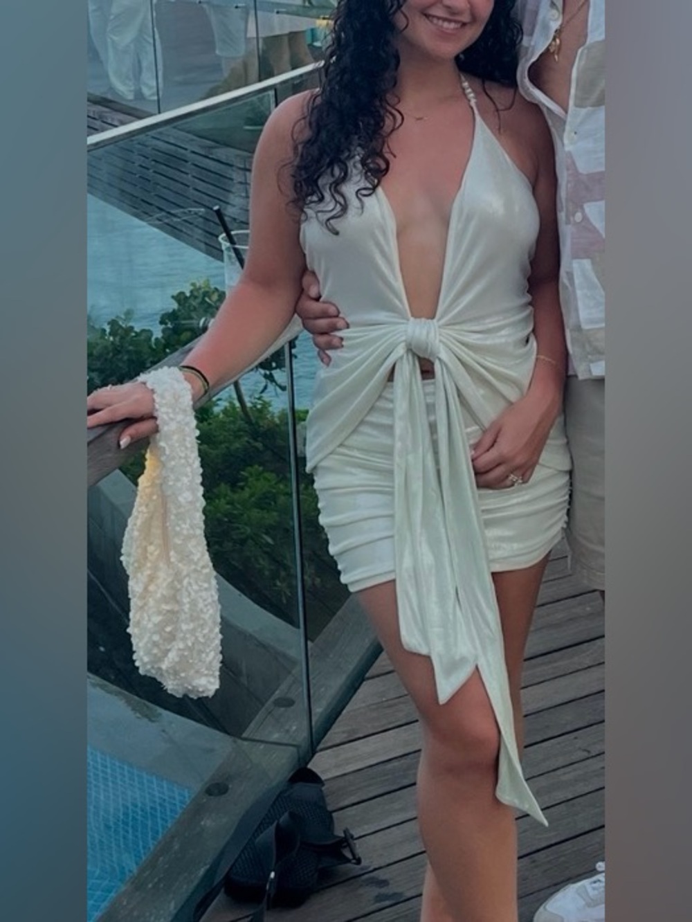 White Satin Tie-Front Halter skirt set